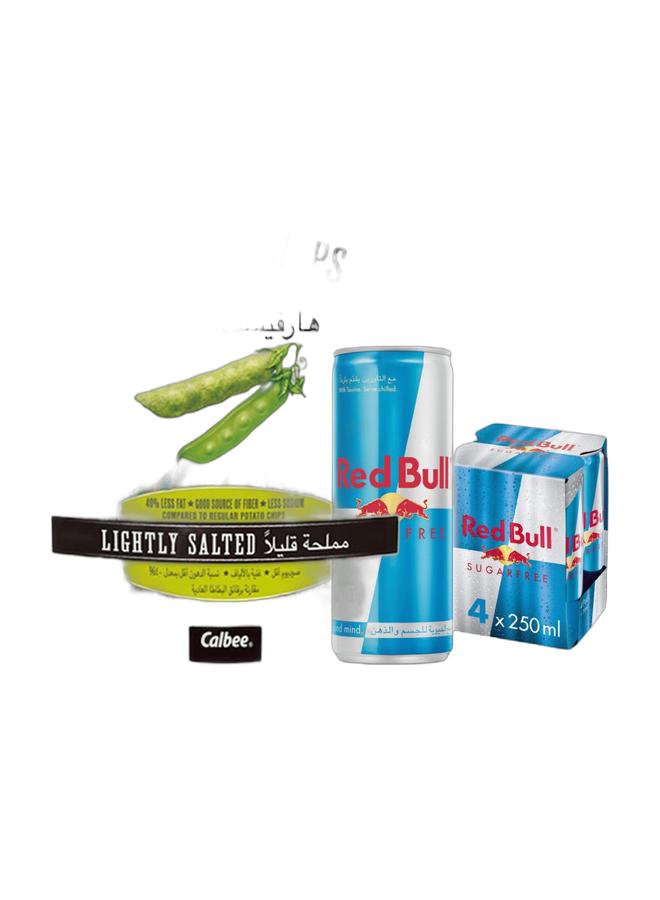 noon Calbee Harvest Snaps Lightly Salted Green Pea 93grams + Red Bull Sugar Free Energy Drink 250ml Pack of 4 - Image 1
