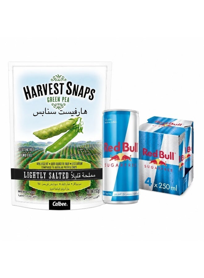 noon Calbee Harvest Snaps Lightly Salted Green Pea 93grams + Red Bull Sugar Free Energy Drink 250ml Pack of 4 - Image 1