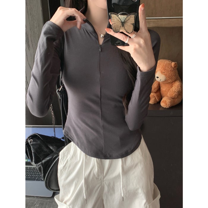 Pure Long-sleeved T-shirt Womens 2024 Clothes Spring and Autumn Slim-fit Slimming Spice Girls Polo Collar Lazy Style Early Autumn Top White - Image 2