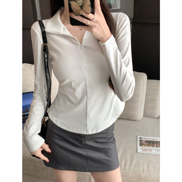 Pure Long-sleeved T-shirt Womens 2024 Clothes Spring and Autumn Slim-fit Slimming Spice Girls Polo Collar Lazy Style Early Autumn Top White - Image 1