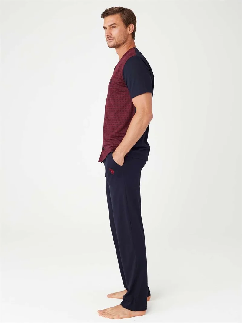 مود كولكشن U.S. Polo Assn. Men's Burgundy Full Placket Pajama Set
