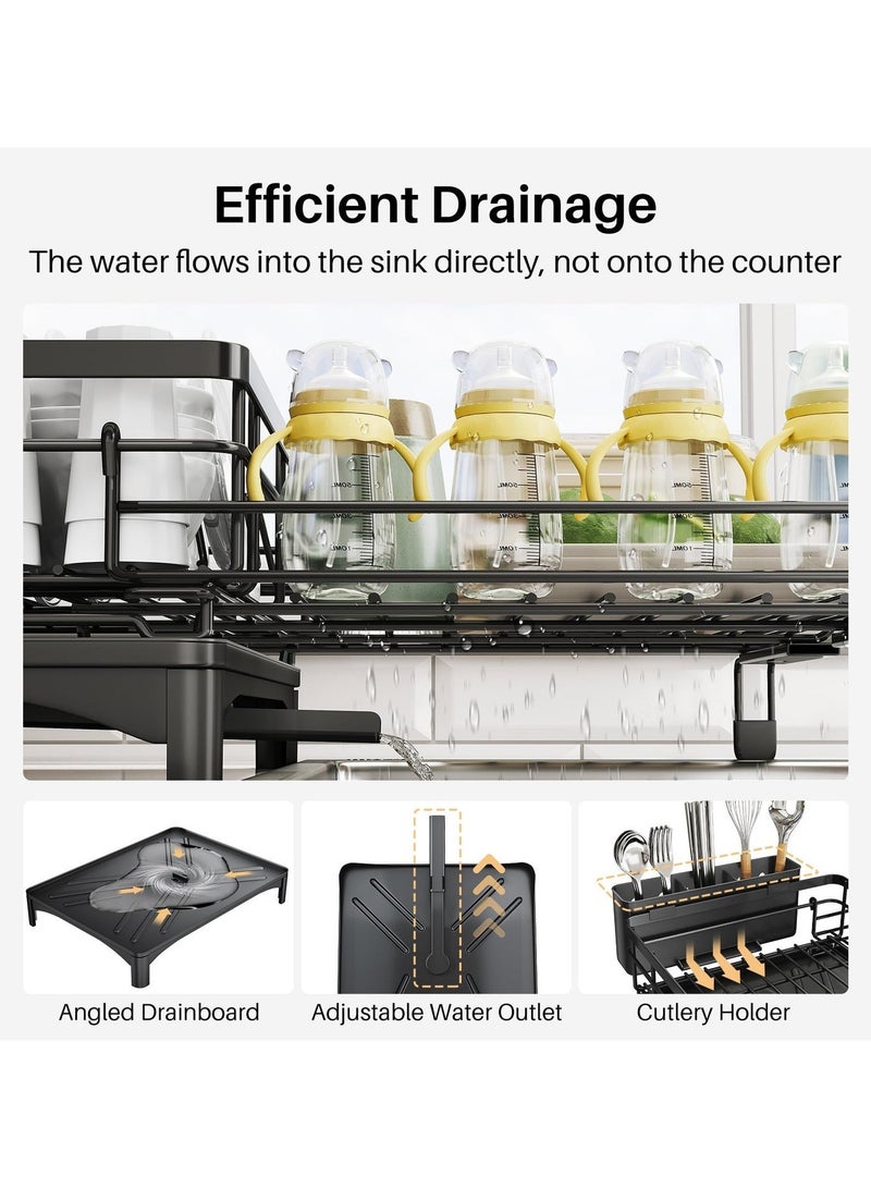 XICEN Dish Drying Rack,Extendable Dish Rack, Large Sink Drying Dish Drainer for Kitchen Counter, Stainless Steel Dish Strainer with Utensil Holder, Black - Image 4