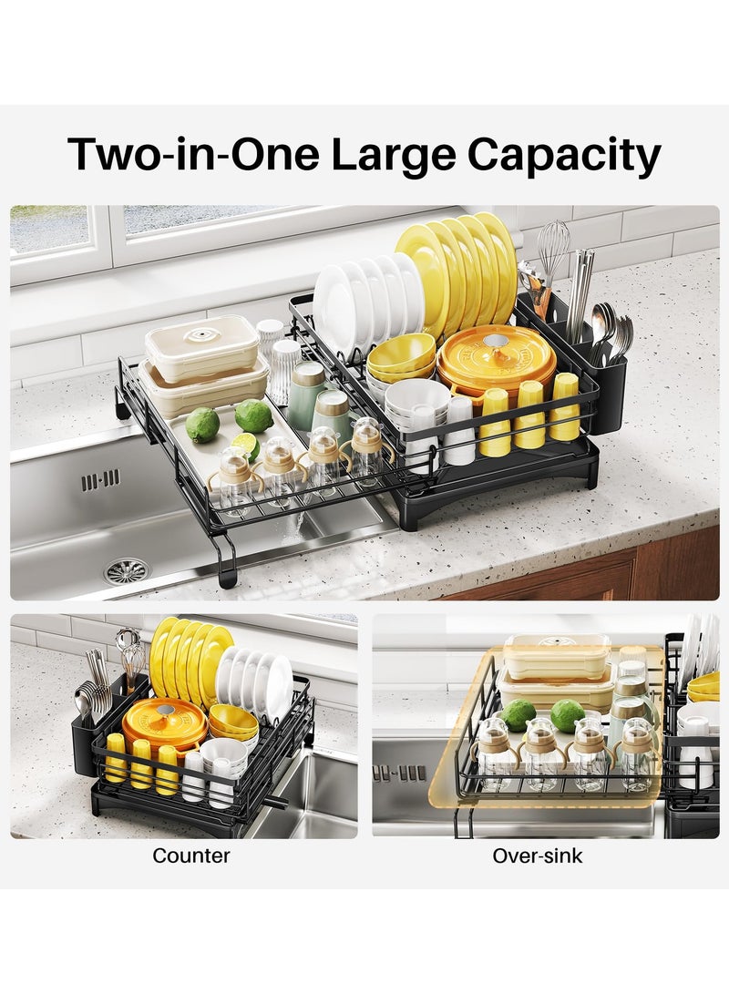 XICEN Dish Drying Rack,Extendable Dish Rack, Large Sink Drying Dish Drainer for Kitchen Counter, Stainless Steel Dish Strainer with Utensil Holder, Black - Image 2