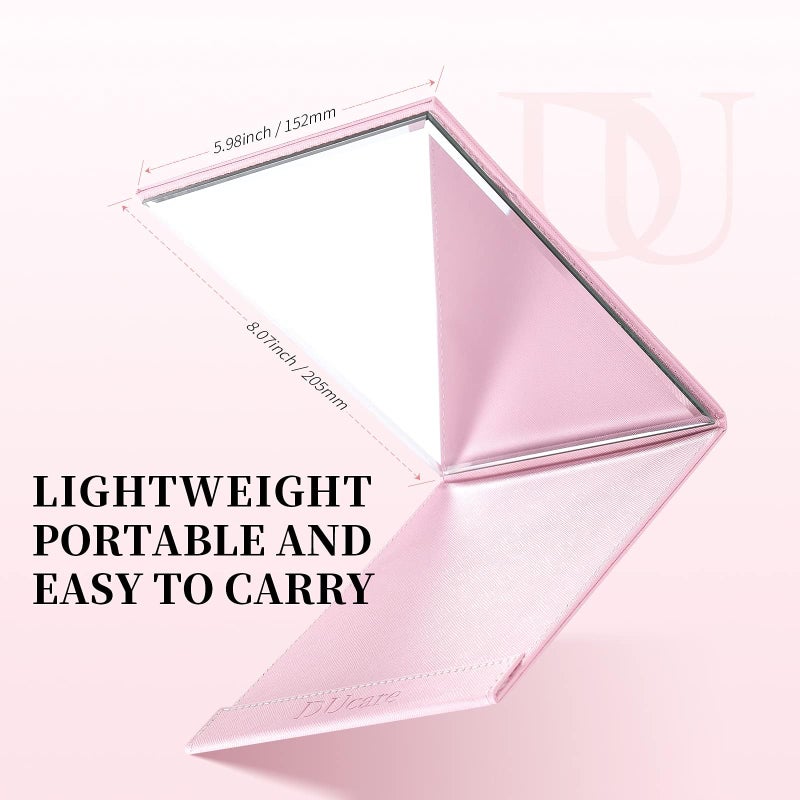DUcare Folding Mirror Portable Travel PU Portable Adjustable Rectangular Ultrathin Vanity Mirror with Stand Pink - Image 2