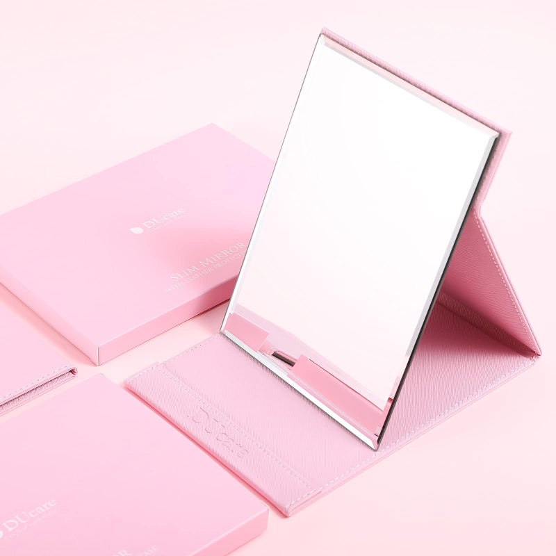 DUcare Folding Mirror Portable Travel PU Portable Adjustable Rectangular Ultrathin Vanity Mirror with Stand Pink - Image 5