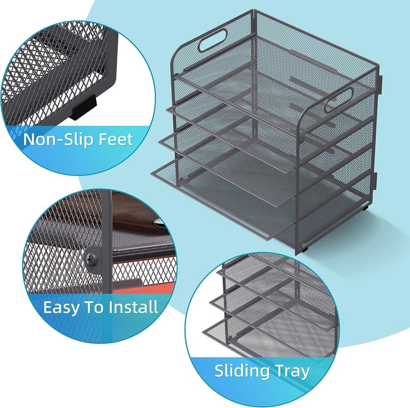 SUPEASY 5 Trays Paper Organizer Letter Tray with Handle-Mesh Desk File Organizer, Grey Paper Sorter Desk Organizer for Office, Home or School - Image 3