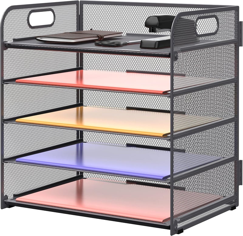 SUPEASY 5 Trays Paper Organizer Letter Tray with Handle-Mesh Desk File Organizer, Grey Paper Sorter Desk Organizer for Office, Home or School - Image 1