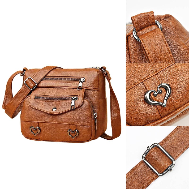 Women Retro Shoulder Bag Adjustable Shoulder Straps Heart Decor Sling Bag Multi-Pockets Multi-Purpose - Image 5