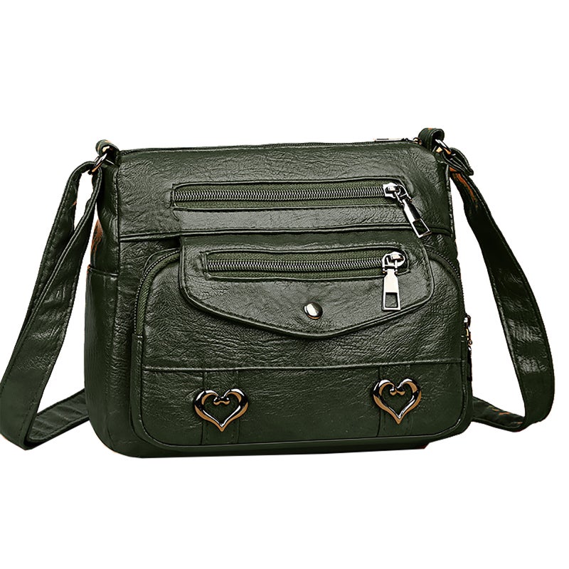 Women Retro Shoulder Bag Adjustable Shoulder Straps Heart Decor Sling Bag Multi-Pockets Multi-Purpose - Image 1