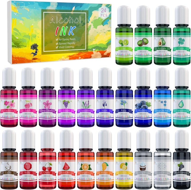 DecorRom Alcohol Ink Set - 24 Vibrant Colors for Resin Art, Petri Dish Making, Epoxy Painting - Concentrated Alcohol-Based Paint Color Dye for Tumbler Making - 24 x 10ml/.35oz - Image 1