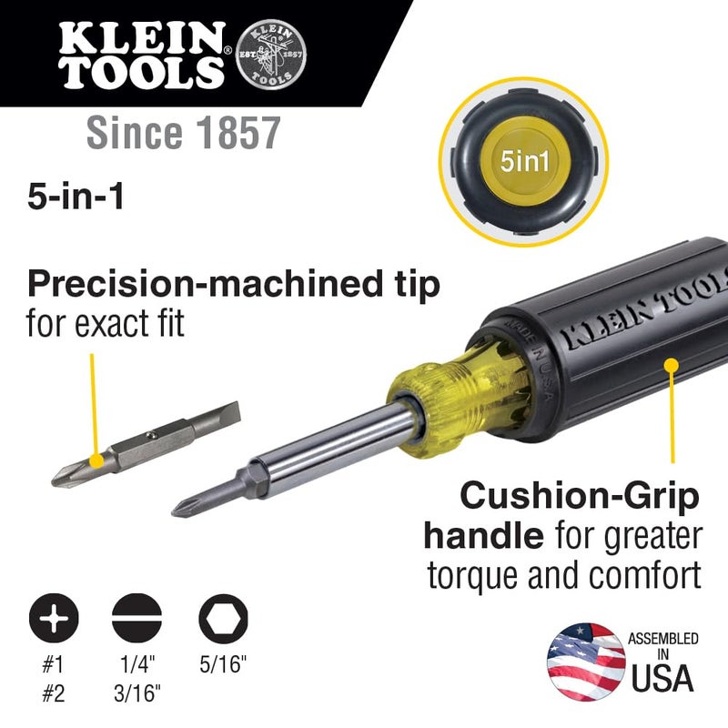 Klein Tools 32476 5-In-1 Multi-Bit Screwdriver / Nut Driver with 2 Slotted, 2 Philips, and 1 Nut Driver Tip - Image 2
