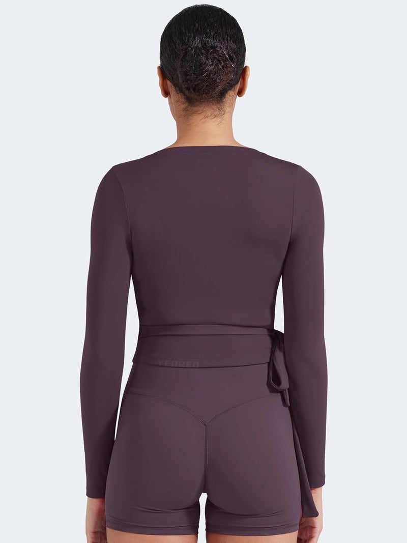 YEOREO Women Pilates Wrap Top Long Sleeve Tie Ballet Workout Yoga Shirt Michelie Y2K V Neck Cropped Tops - Image 4