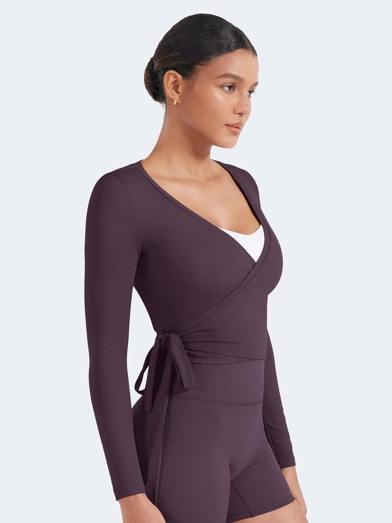 YEOREO Women Pilates Wrap Top Long Sleeve Tie Ballet Workout Yoga Shirt Michelie Y2K V Neck Cropped Tops - Image 5