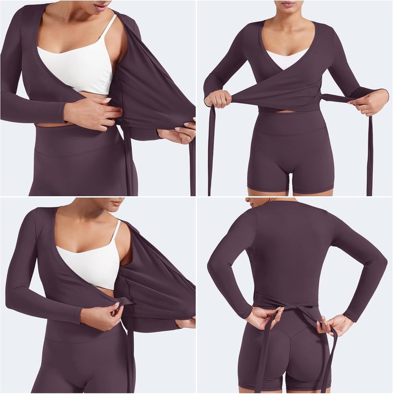 YEOREO Women Pilates Wrap Top Long Sleeve Tie Ballet Workout Yoga Shirt Michelie Y2K V Neck Cropped Tops - Image 2