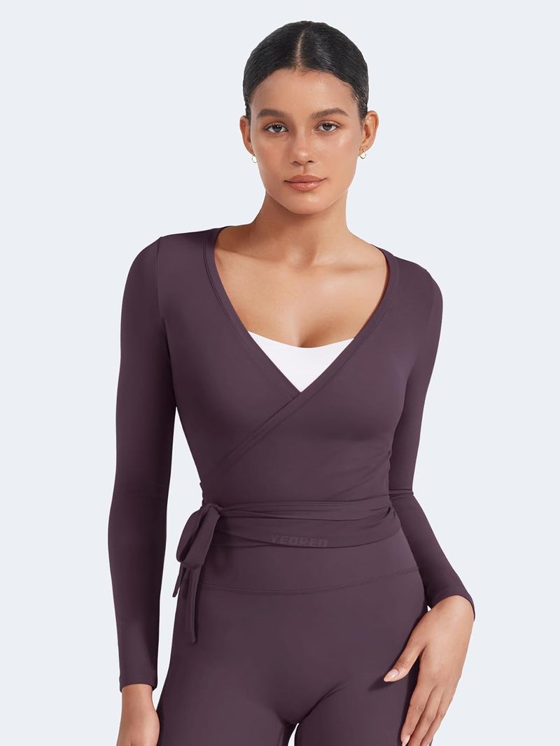 YEOREO Women Pilates Wrap Top Long Sleeve Tie Ballet Workout Yoga Shirt Michelie Y2K V Neck Cropped Tops - Image 3