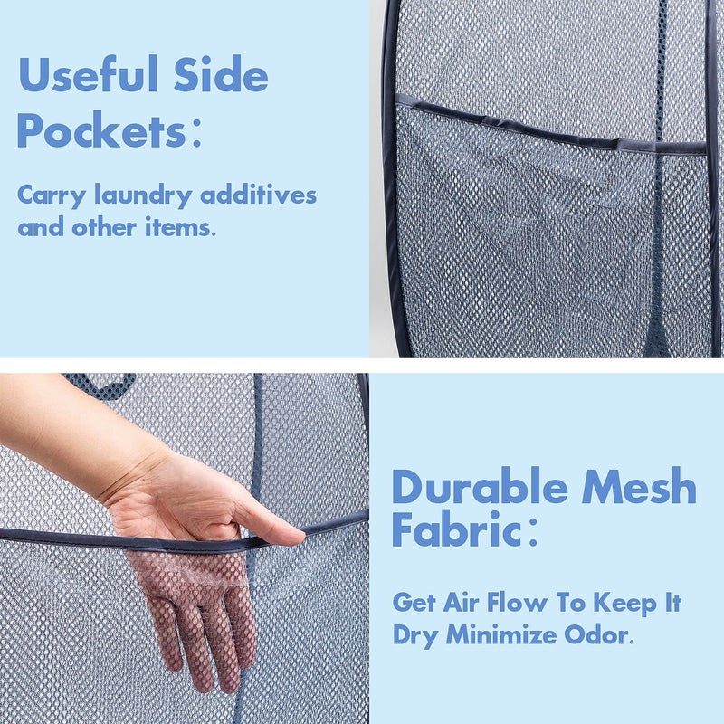 DUCOO Pop Up Hamper, 2 PCS Mesh Pop Up Laundry Hamper, Foldable Mesh Laundry Basket with Space Saving Design for Home, Dorm, Travel and Storage, Blue - Image 3