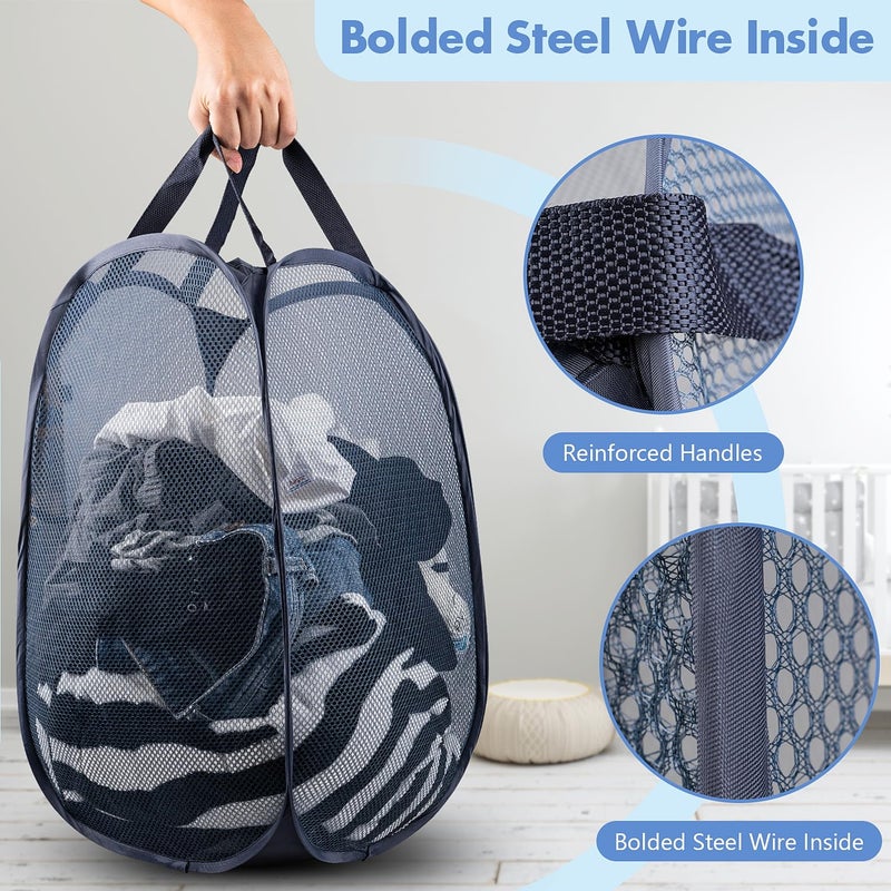 DUCOO Pop Up Hamper, 2 PCS Mesh Pop Up Laundry Hamper, Foldable Mesh Laundry Basket with Space Saving Design for Home, Dorm, Travel and Storage, Blue - Image 4