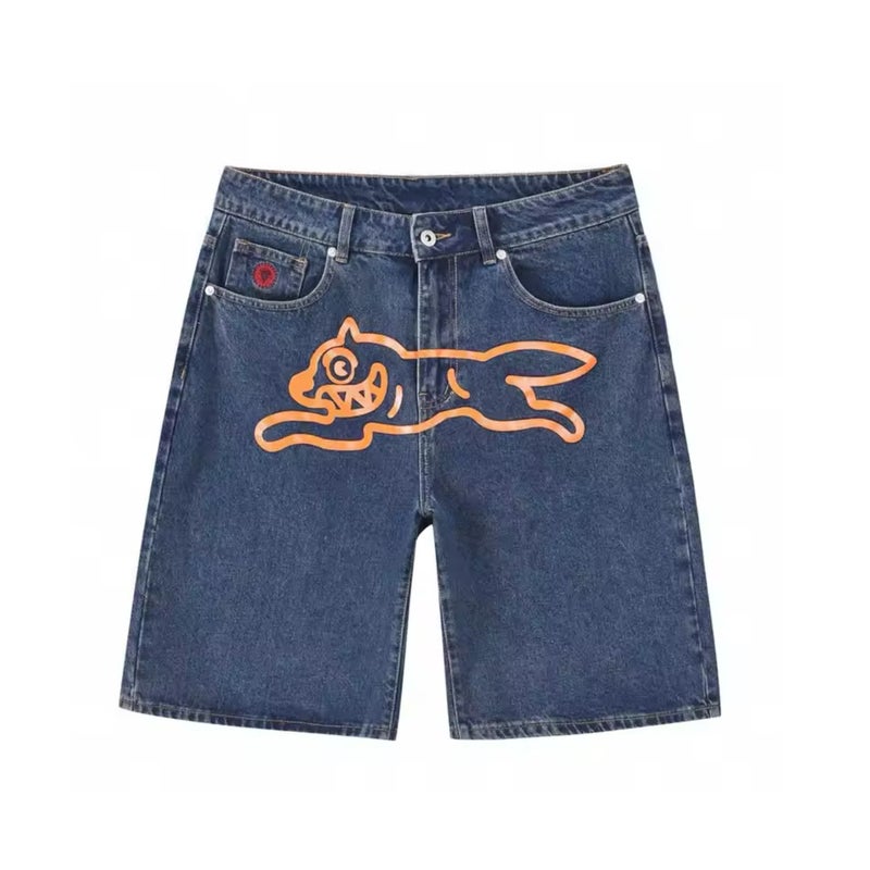 2024 Cross-border AliExpress European and American Flying Dog Printed Denim Shorts Mens High Street Trendy Ins Casual Fashion Pants Dark blue orange dog 