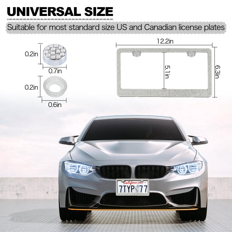 Runone 2 Pack Bling License Plate Frame for Women,Sparkly Rhinestone Stainless Steel License Plate Holder,Car Accessories with Glitter Crystal Caps (White) - Image 5