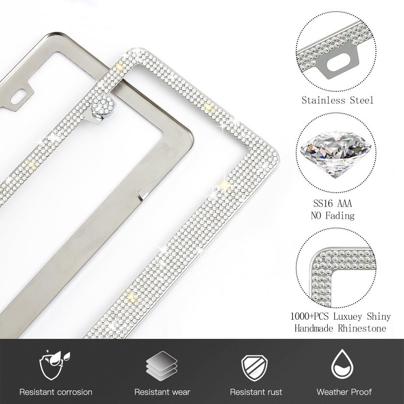 Runone 2 Pack Bling License Plate Frame for Women,Sparkly Rhinestone Stainless Steel License Plate Holder,Car Accessories with Glitter Crystal Caps (White) - Image 2