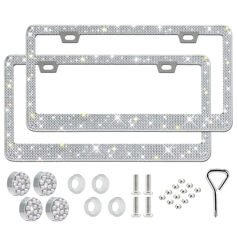 Runone 2 Pack Bling License Plate Frame for Women,Sparkly Rhinestone Stainless Steel License Plate Holder,Car Accessories with Glitter Crystal Caps (White) - Image 1