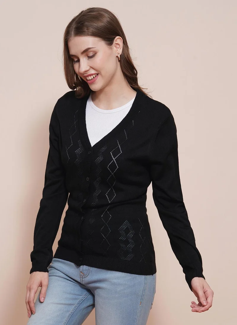 globus Globus Women Black V-Neck Self Design Ribbed Hem Cardigan Sweater