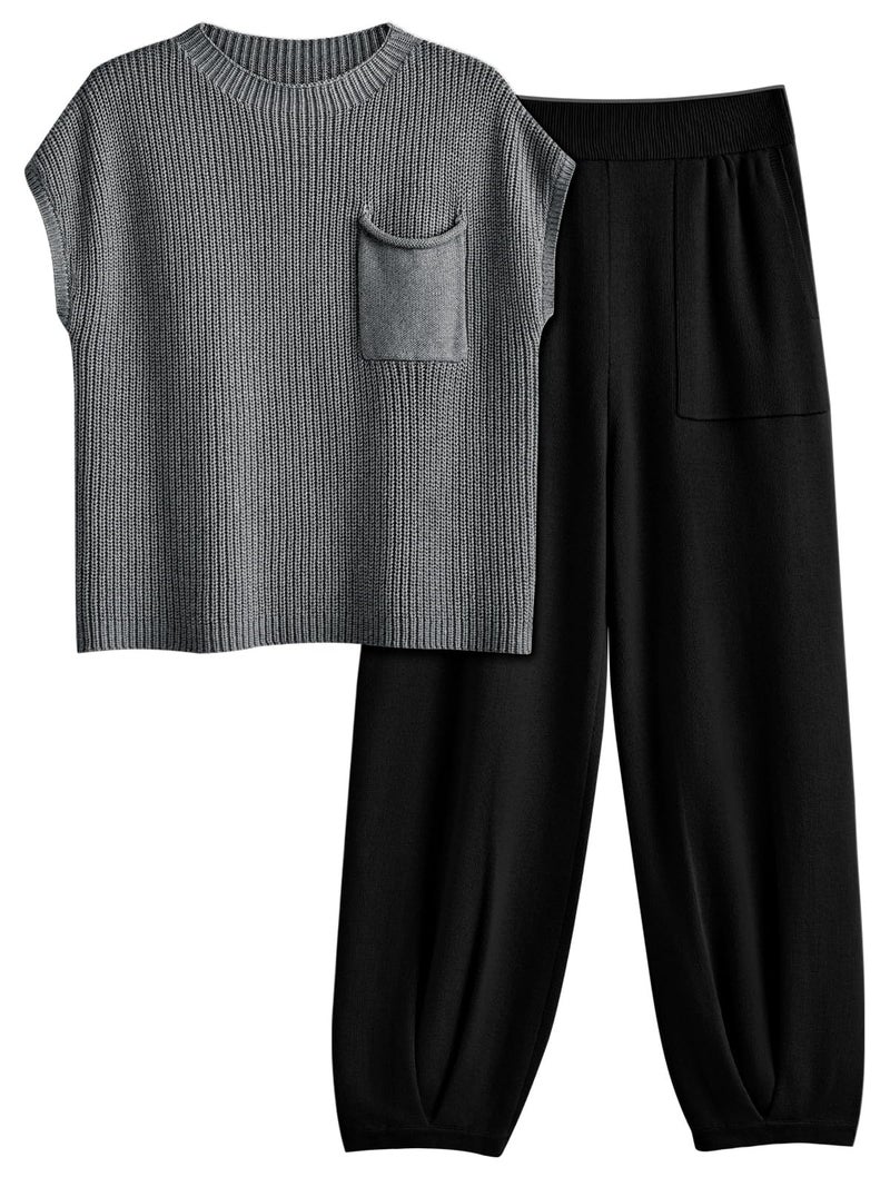 LILLUSORY Two 2 Piece Sets Womens 2025 Spring Summer Matching Lounge Sweatsuits Sweat Suits Trendy Travel Beach Vacation Fashion Resort Wear Outfits Knit Loungewear Clothes Clothing Black Grey XS - Image 1