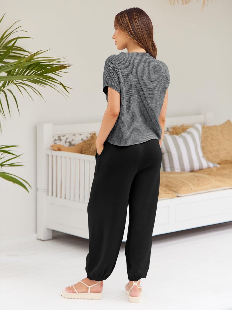 LILLUSORY Two 2 Piece Sets Womens 2025 Spring Summer Matching Lounge Sweatsuits Sweat Suits Trendy Travel Beach Vacation Fashion Resort Wear Outfits Knit Loungewear Clothes Clothing Black Grey XS - Image 5
