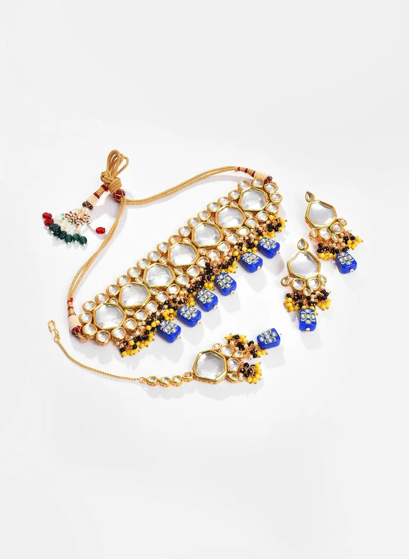 SOHI Gold Plated Kundan Beaded Necklace, Earrings and Maang Tikka Set