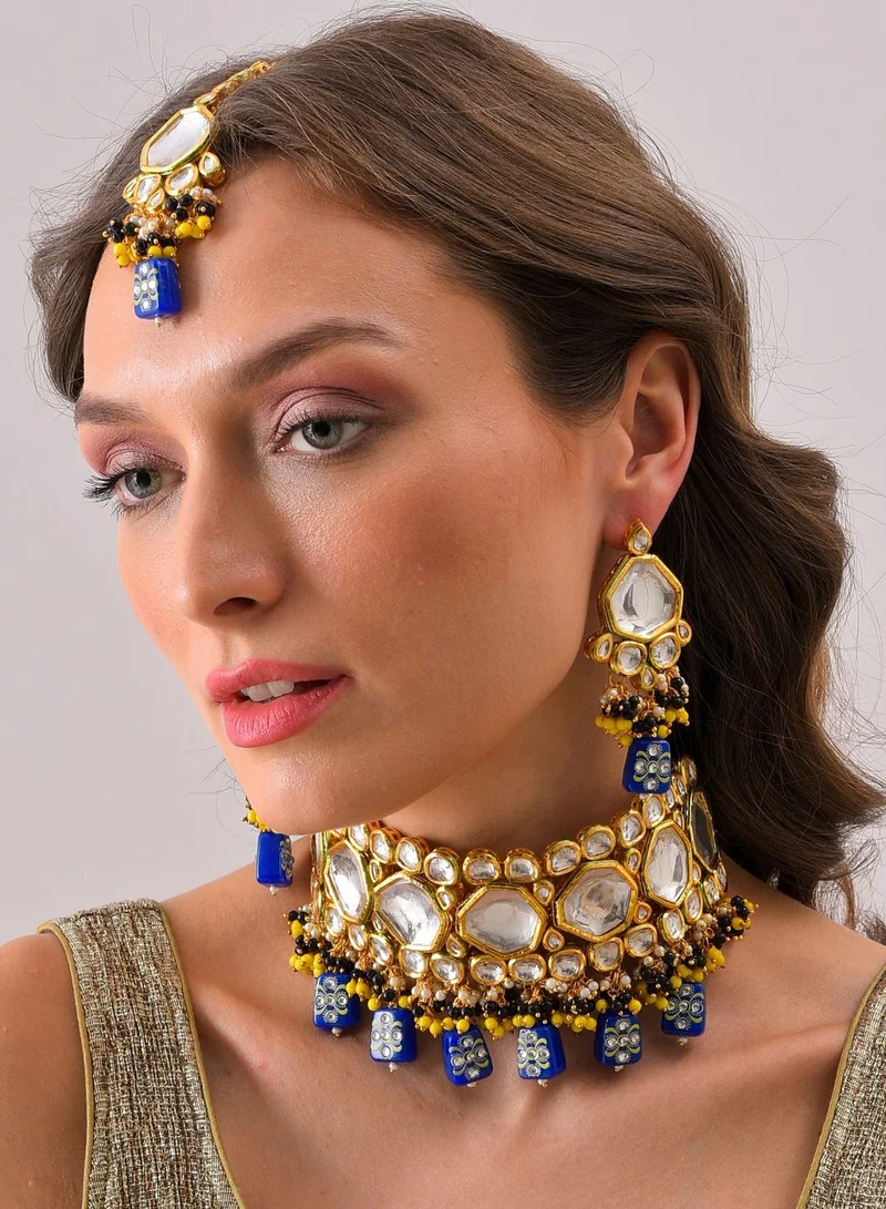 SOHI Gold Plated Kundan Beaded Necklace, Earrings and Maang Tikka Set