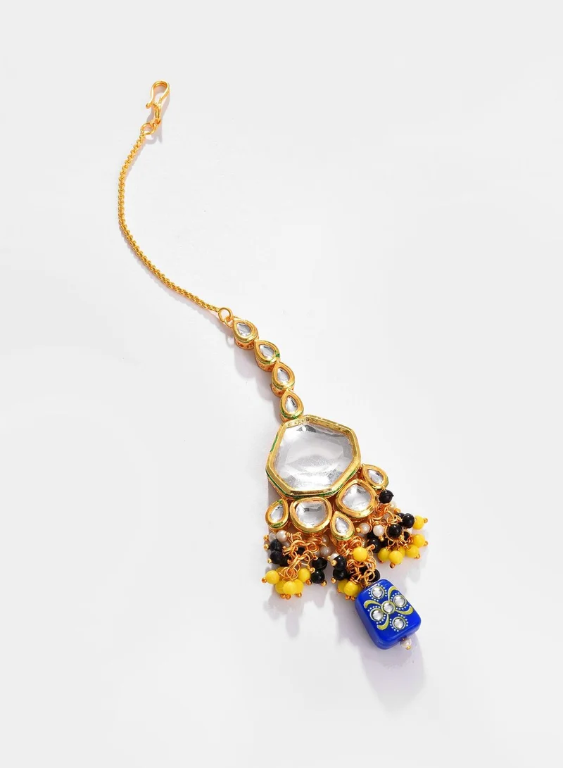 SOHI Gold Plated Kundan Beaded Necklace, Earrings and Maang Tikka Set