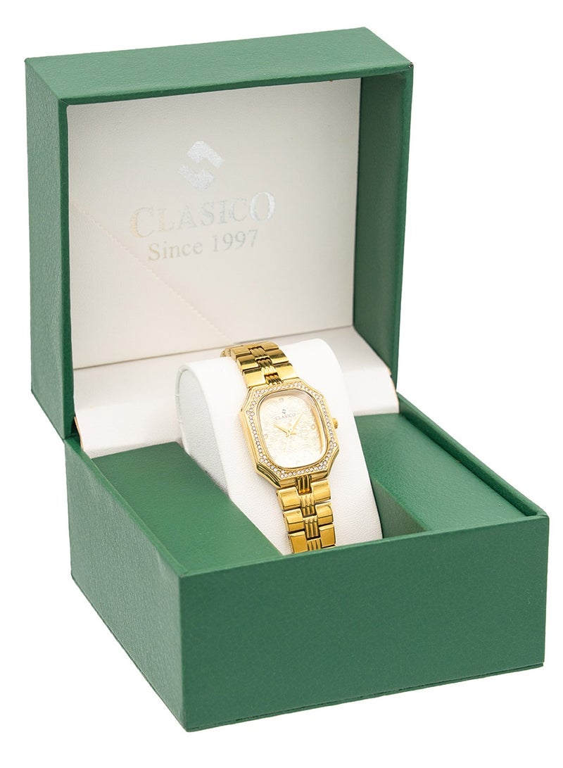 Clasico Eleganza Women Premium Analog Watch 30mm – Gold – Crystal Studded Bezel  - Image 4