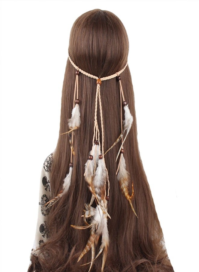 WLBON Feather Headband Hippie Indian Boho Tassel Bohemian Halloween Hair Hoop Women Crown Hairband Party Decoration Headdress Cosplay Costume Handmade Headpiece Accessories White - Image 1