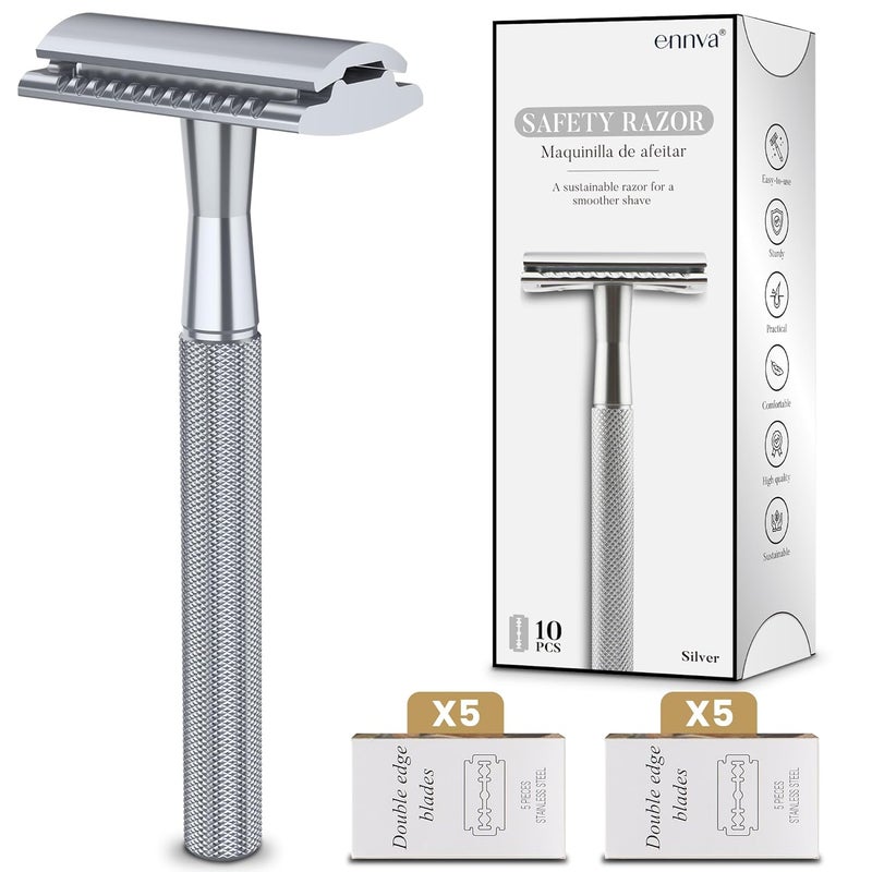 شفرة حلاقة أمنة مزدوجة الحافة من ENNVA مع شفرة واحدة و 10 شفرات شفرة واحدة للنساء وشفرات للرجال شفرة قابلة لإعادة الاستخدام للنساء مجموعة شفرة حلاقة معدنية آمنة خالية من البلاستيك فضية