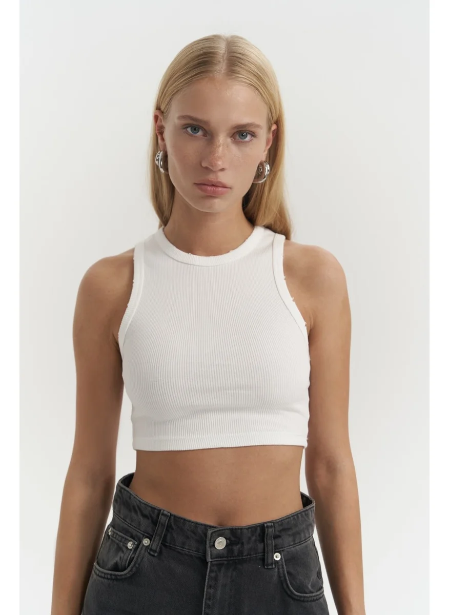 Mai Collection Shoulder White Washed Ribbed Crop