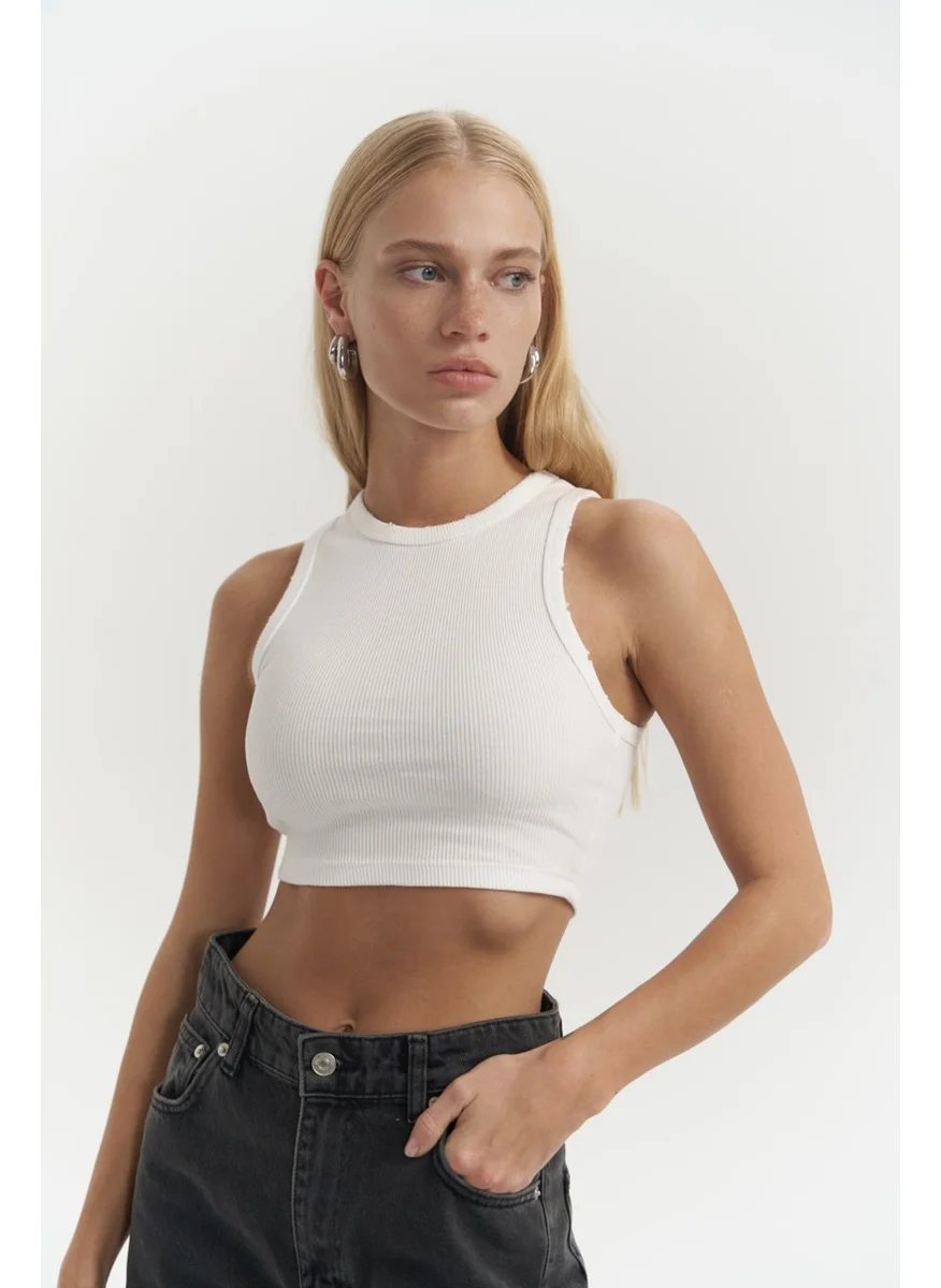 Mai Collection Shoulder White Washed Ribbed Crop