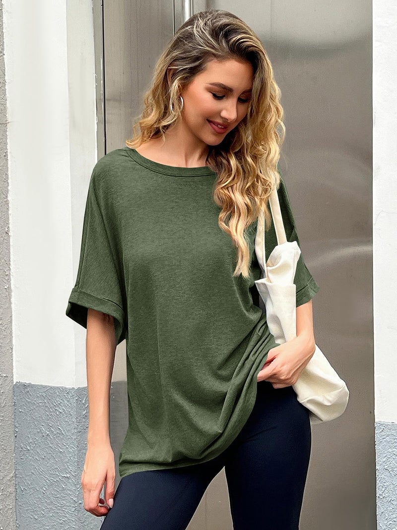 GeGekoko Women Oversized T-Shirt Summer Casual Short Sleeve Loose Tee Tops Army Green - Image 5