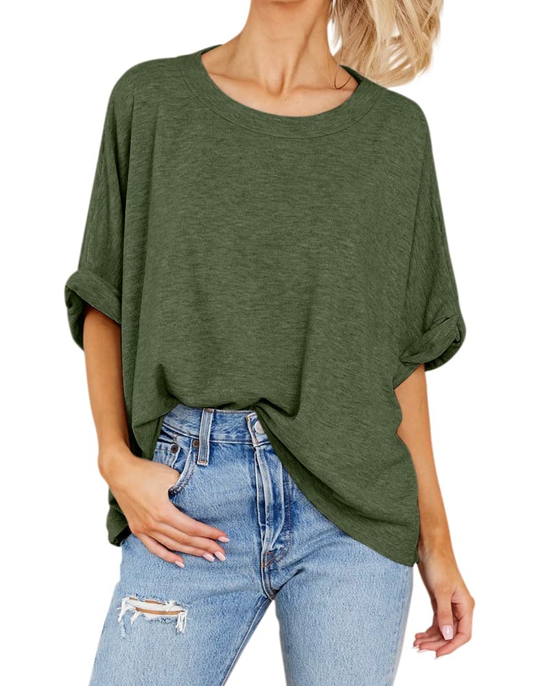 GeGekoko Women Oversized T-Shirt Summer Casual Short Sleeve Loose Tee Tops Army Green - Image 2