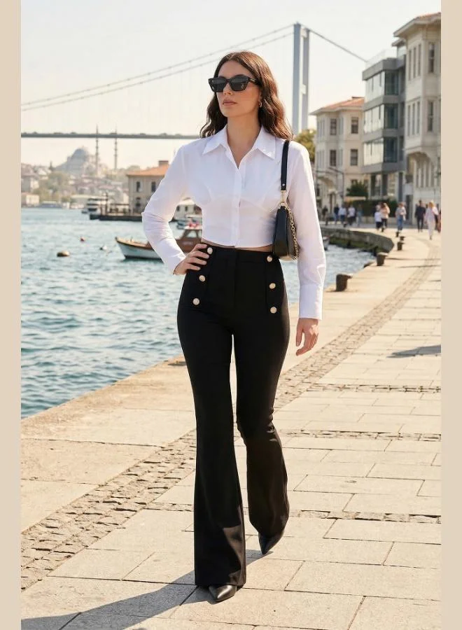 ليلا Lela High Waist Spanish Leg Button Detail Trousers Women's Pants 6522068