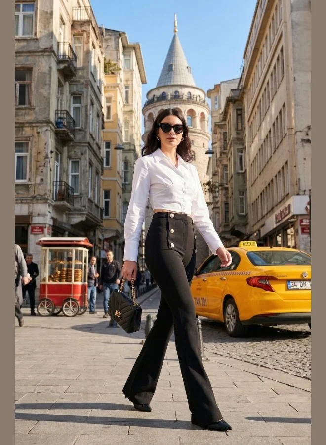 ليلا Lela High Waist Spanish Leg Button Detail Trousers Women's Pants 6522068