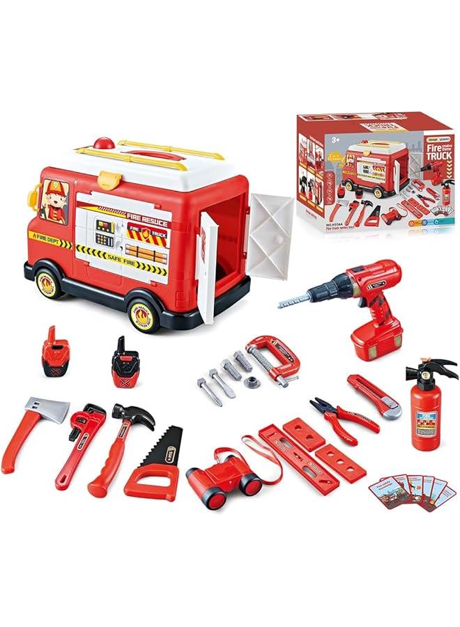 33 PCS Fire Trucks Tool Toy Set,with Storage Car and Drill, Pretend Play Kids Fire Rescue Tool Kits, Tools Set for Kids Ages 3-5 Years Old, Toddler Boy Toys
