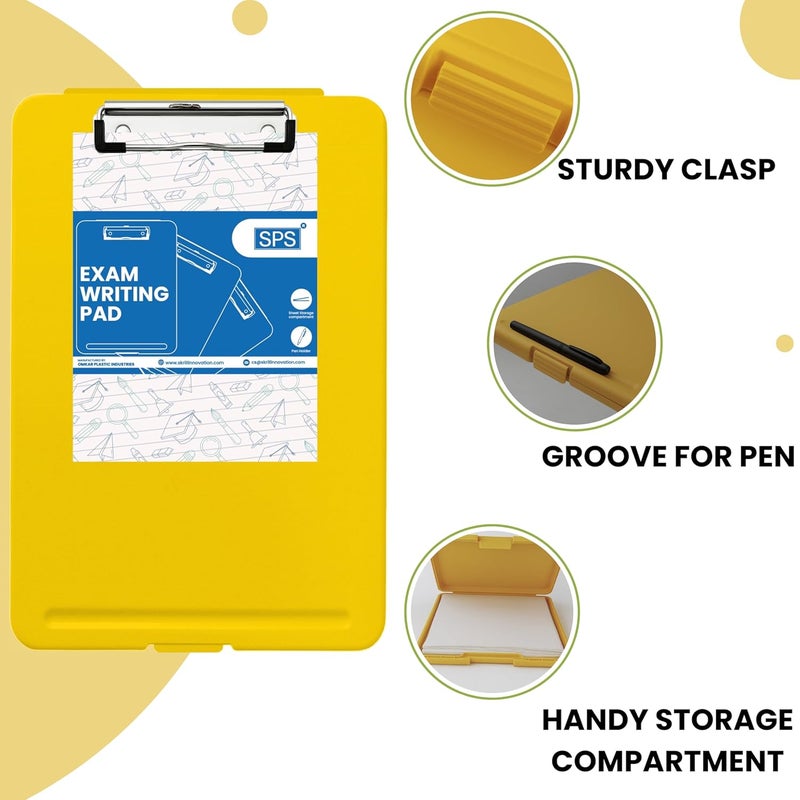 sps Exampad A4 Plastic Clipboard with Built-in Storage and Pen Holder - Ideal for School, Office, Travel - Perfect for Students and Professionals, School and Office - Yellow - Image 4