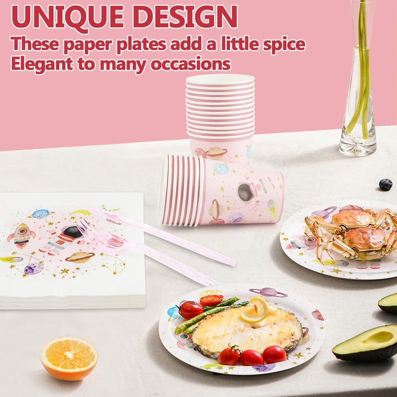 Resflyar 120 PCS Space Party Supplies  Disposable Pink Moon Star Paper Plates Napkins Knives Forks Cups  Outer Space Planet Tableware Set for Birthday  Bachelorette  Baby Shower Decor  Serves 20 Guests - Image 3