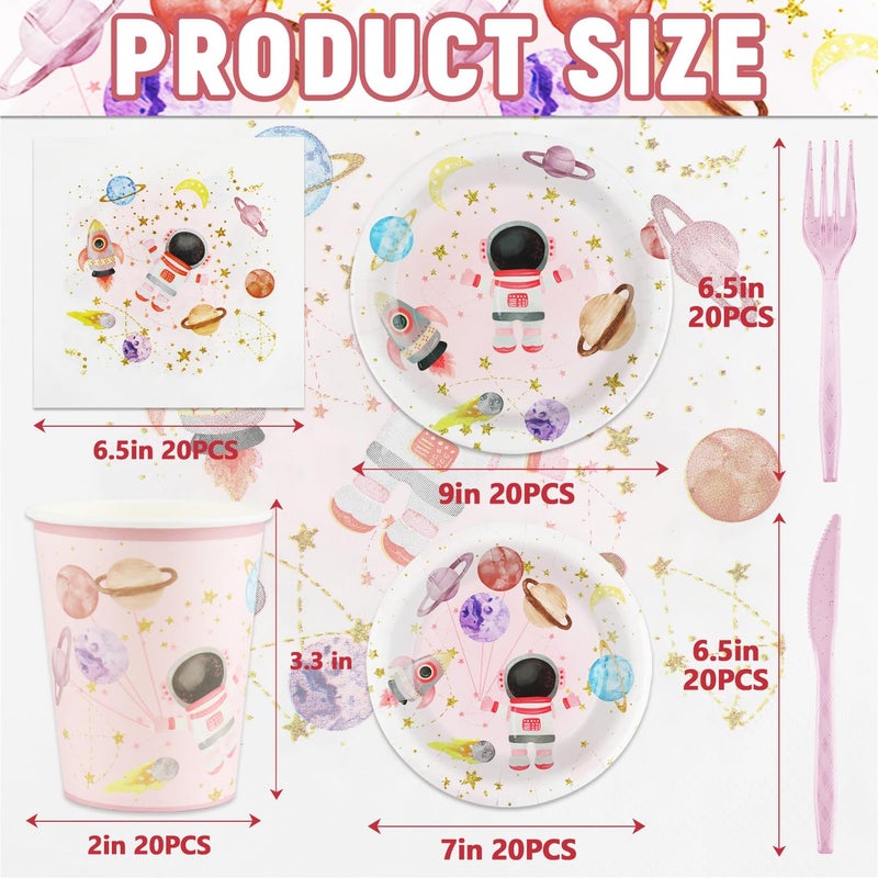 Resflyar 120 PCS Space Party Supplies  Disposable Pink Moon Star Paper Plates Napkins Knives Forks Cups  Outer Space Planet Tableware Set for Birthday  Bachelorette  Baby Shower Decor  Serves 20 Guests - Image 1