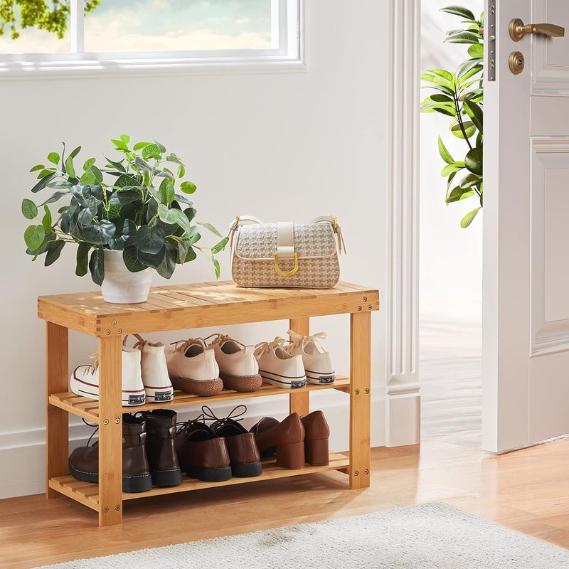 Pipishell Bamboo Shoe Rack Bench, 3-Tier Sturdy Shoe Organizer, Storage Shoe Bench, Holds up to 300lbs for Entryway Bedroom Living Room Balcony (White) - Image 2