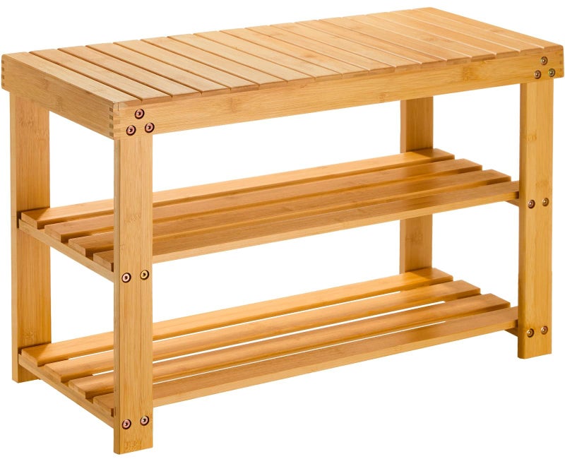 Pipishell Bamboo Shoe Rack Bench, 3-Tier Sturdy Shoe Organizer, Storage Shoe Bench, Holds up to 300lbs for Entryway Bedroom Living Room Balcony (White) - Image 1