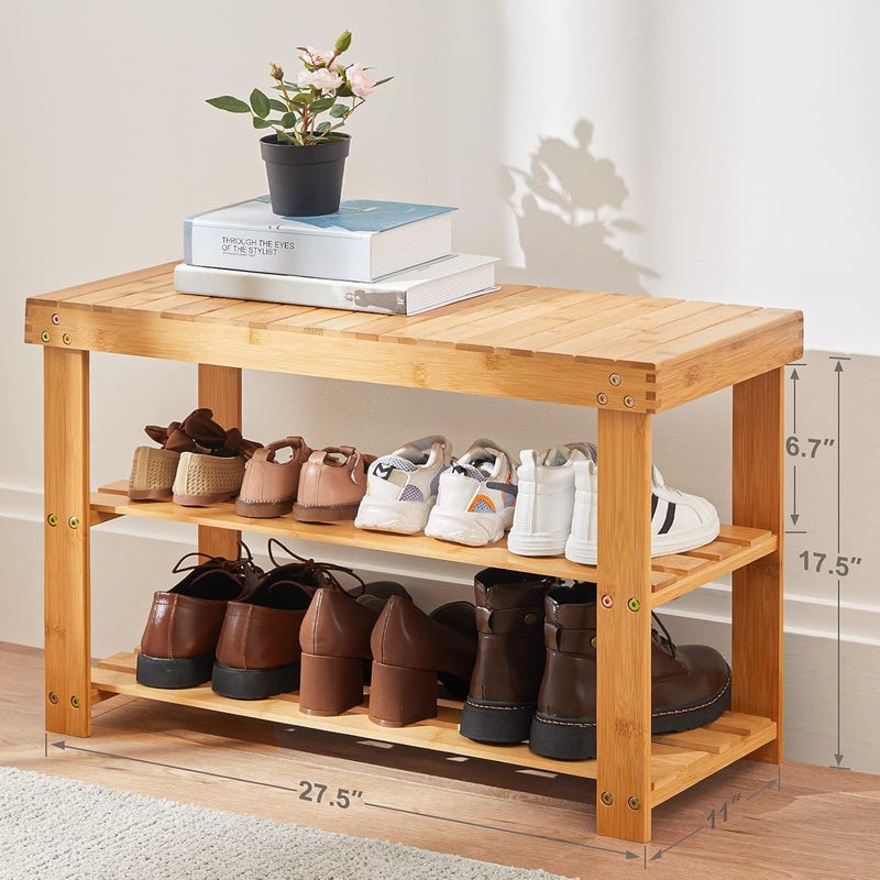 Pipishell Bamboo Shoe Rack Bench, 3-Tier Sturdy Shoe Organizer, Storage Shoe Bench, Holds up to 300lbs for Entryway Bedroom Living Room Balcony (White) - Image 3