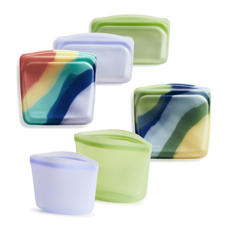 Stasher Silicone Reusable Storage Bags, 6-Pack, Reusable Freezer Bags, Microwave, Dishwasher, Oven Safe, Sous Vide, Premium Lunch Containers, Eco Friendly, Food Storage Bags, Snack Bags, Multicolor - Image 1