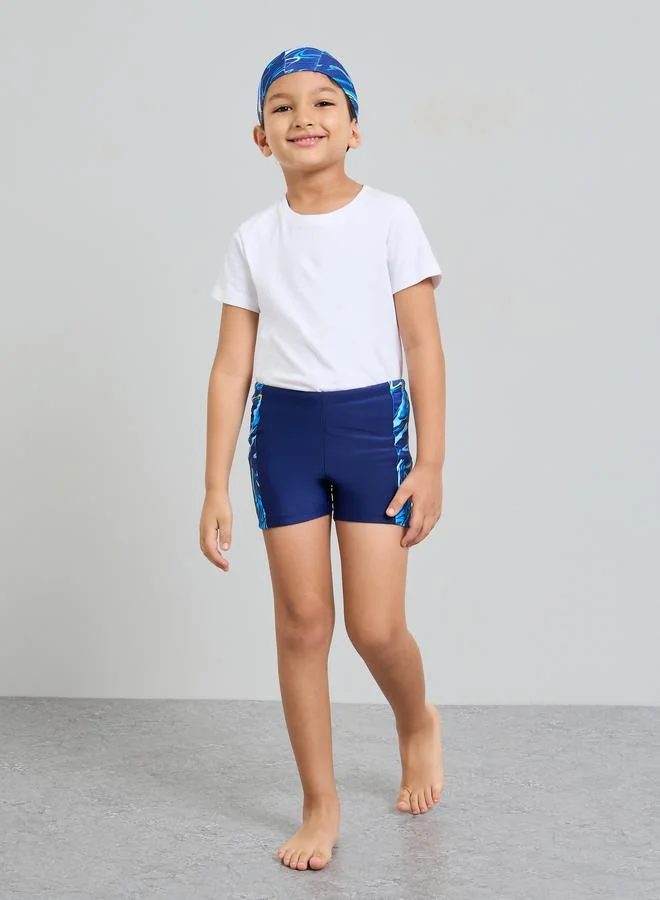 ستايلي Boys Side Pannel Print Swim Shorts with Cap