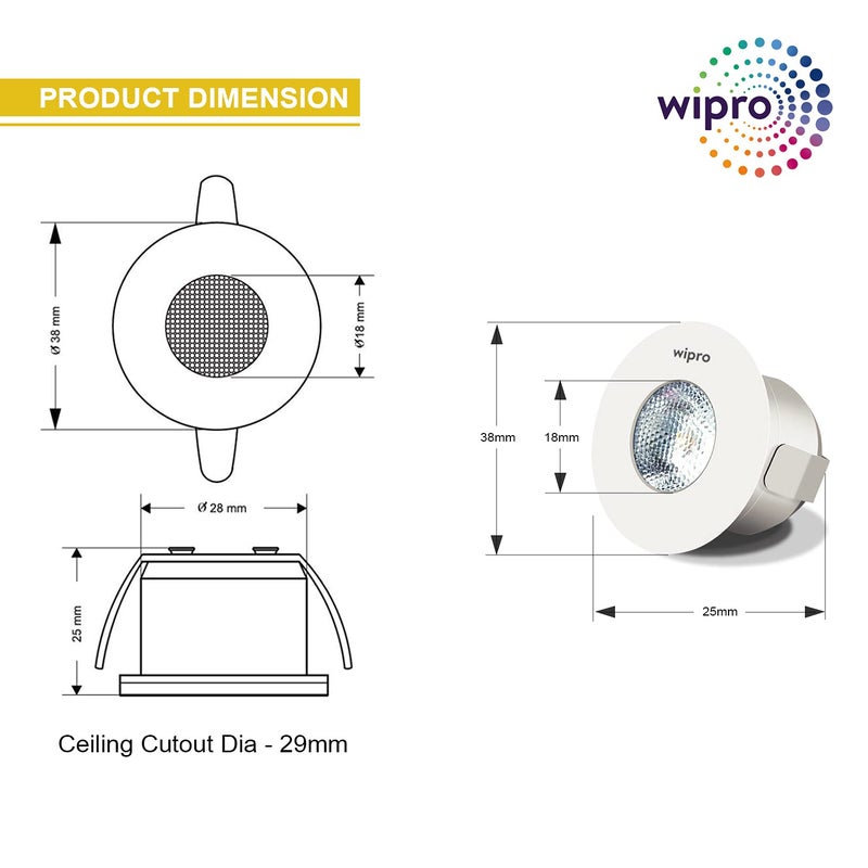 wipro 2 Watt Atom SpotlightCompact and Bright 3000K LED Downlighter White Pack of 8 Standard 4569100000928pk - Image 5